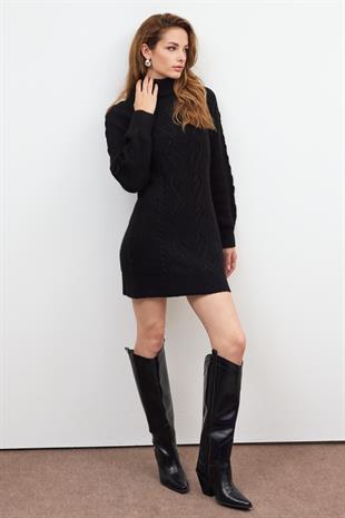 Siyah Balıkçı Yaka Triko Elbise