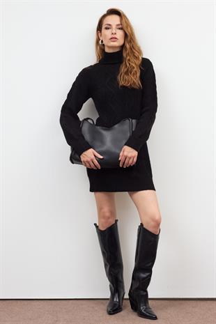 Siyah Balıkçı Yaka Triko Elbise