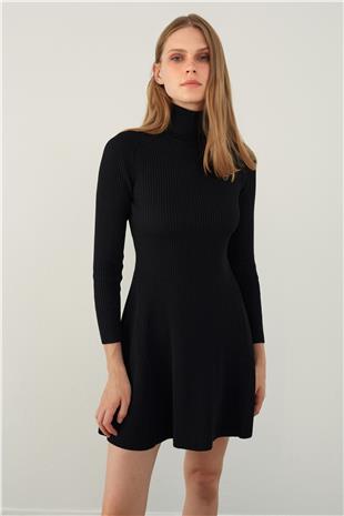 Black Turtle Neck Flounced Mini Knitwear Dress