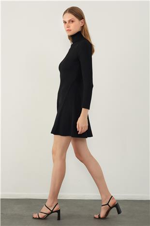 Black Turtle Neck Flounced Mini Knitwear Dress