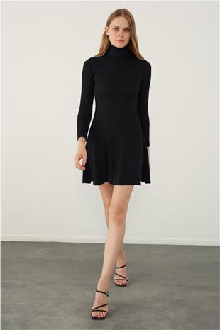 Black Turtle Neck Flounced Mini Knitwear Dress