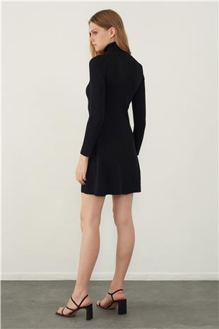 Black Turtle Neck Flounced Mini Knitwear Dress