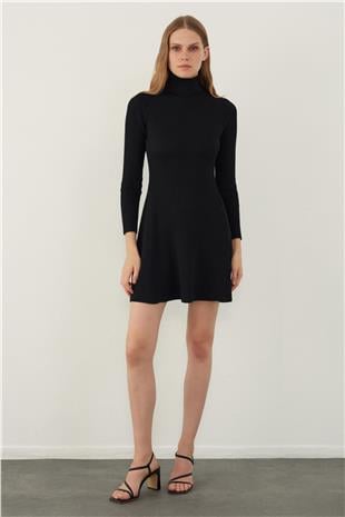 Black Turtle Neck Flounced Mini Knitwear Dress