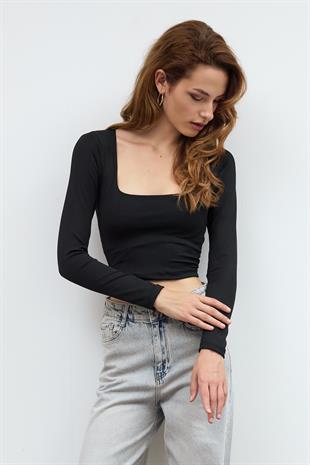 Siyah BASİC KARE YAKA CROP BLUZ