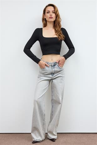 Siyah BASİC KARE YAKA CROP BLUZ