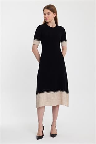Black Beige Midi Length Ribbed Knitwear Dress