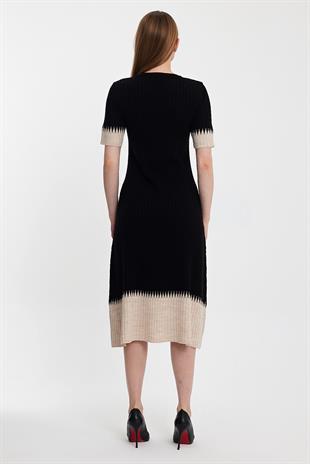 Black Beige Midi Length Ribbed Knitwear Dress