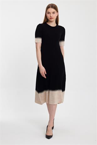 Black Beige Midi Length Ribbed Knitwear Dress