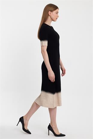 Black Beige Midi Length Ribbed Knitwear Dress