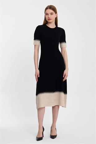 Black Beige Midi Length Ribbed Knitwear Dress