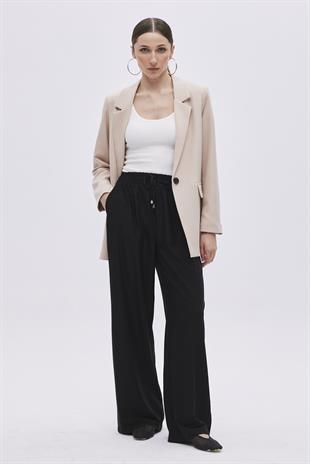 Black Elastic Waistband Trousers With Drawstring