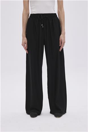 Black Elastic Waistband Trousers With Drawstring