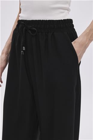 Black Elastic Waistband Trousers With Drawstring