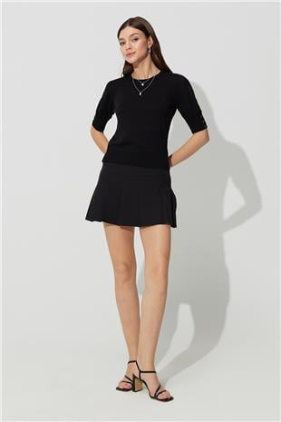 Black crew neck Balloon Sleeve Knit Sweater SWK4644Sİ
