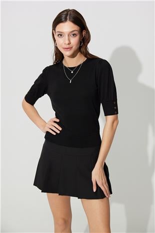 Black crew neck Balloon Sleeve Knit Sweater SWK4644Sİ