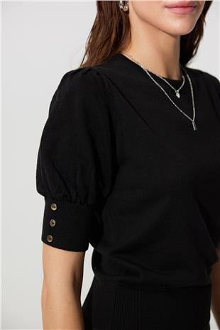 Black crew neck Balloon Sleeve Knit Sweater SWK4644Sİ
