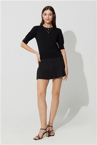 Black crew neck Balloon Sleeve Knit Sweater SWK4644Sİ