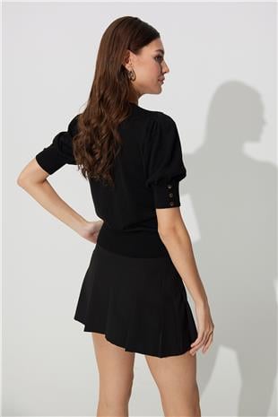 Black crew neck Balloon Sleeve Knit Sweater SWK4644Sİ