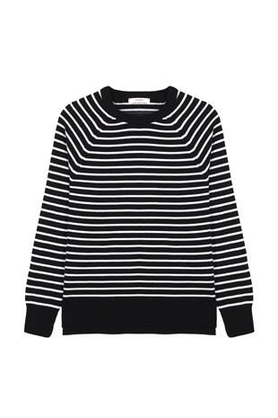 Siyah Bisiklet Yaka Çizgili Kazak