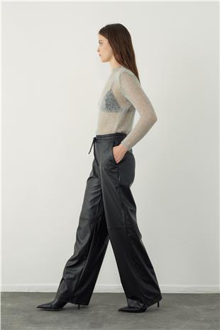 Loose fit leather look trousers