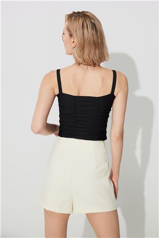 Black Pleated Square Collar Knitwear Vest SWA4641Sİ