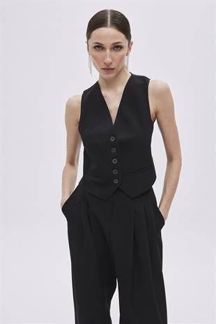 Black Buttoned Vest With Pocket Detail