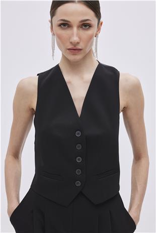 Black Buttoned Vest With Pocket Detail