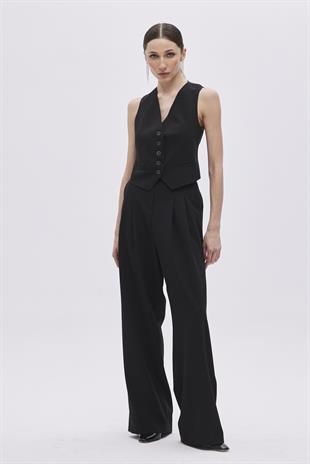 Black Double Pleated Wide Leg Trousers
