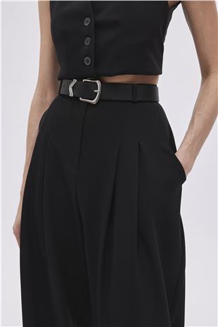 Black Double Pleated Wide Leg Trousers