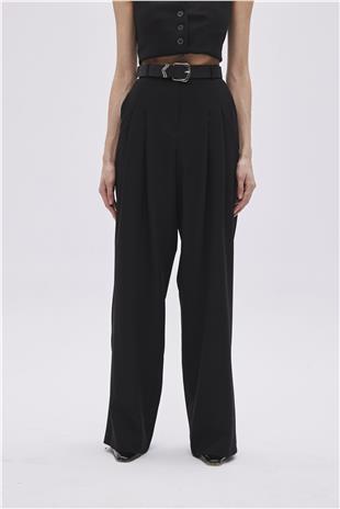 Black Double Pleated Wide Leg Trousers