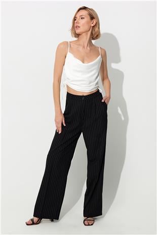  Black Striped Wide Leg Pleated Fabric Trousers SS23P4732Sİ