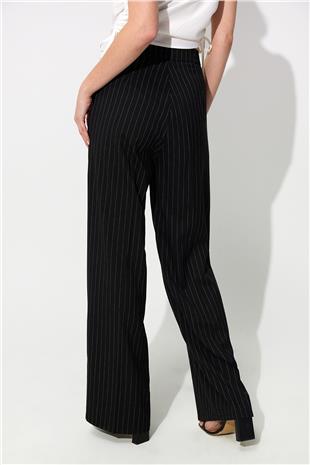  Black Striped Wide Leg Pleated Fabric Trousers SS23P4732Sİ