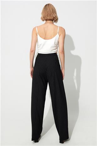  Black Striped Wide Leg Pleated Fabric Trousers SS23P4732Sİ