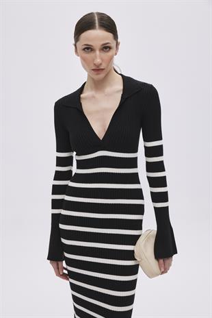 Siyah Çizgili Uzun Triko Elbise