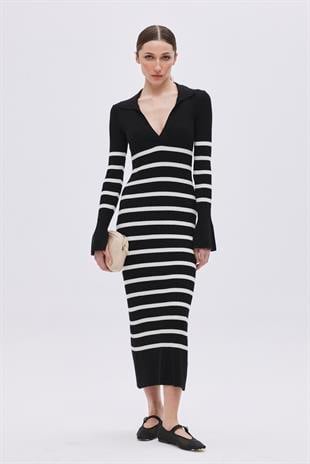 Siyah Çizgili Uzun Triko Elbise