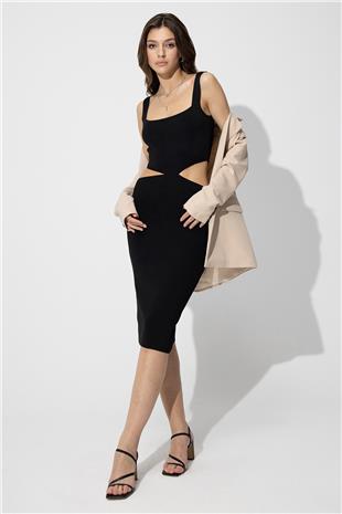 Black Low-Cut Knit Dress SWD4581Sİ
