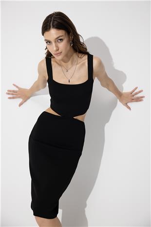 Black Low-Cut Knit Dress SWD4581Sİ