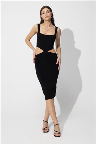 Black Low-Cut Knit Dress SWD4581Sİ