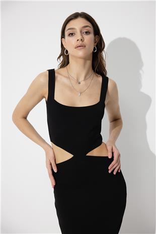 Black Low-Cut Knit Dress SWD4581Sİ