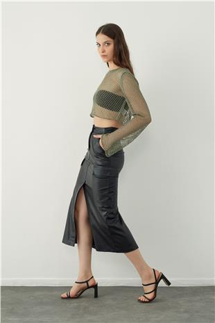 Leather look midi skirt with pocket detail