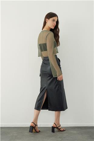 Leather look midi skirt with pocket detail