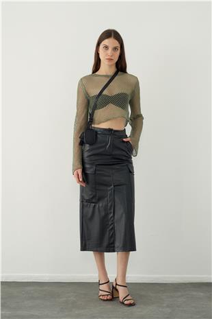 Leather look midi skirt with pocket detail