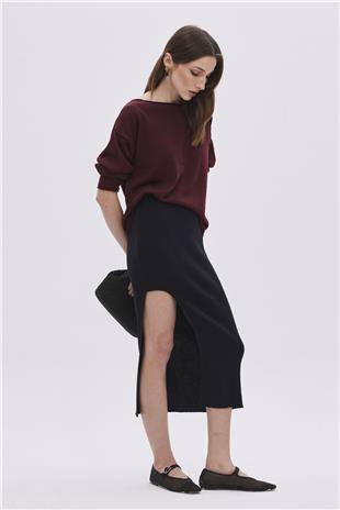 Black Deep Slit Midi Knitwear Skirt