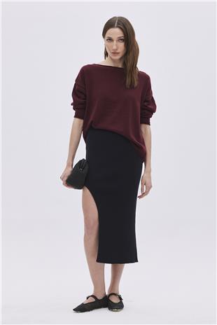 Black Deep Slit Midi Knitwear Skirt
