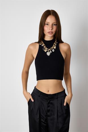Siyah DİK YAKALI TRİKO CROP TOP