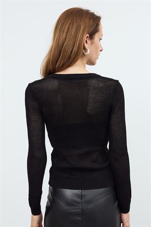 Button Detailed Mesh Knitted Sweater
