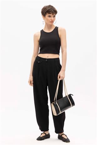 Black Button Detailed High Waist Trousers