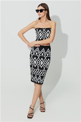 Black Ecru Geometric Pattern Bustier SS23CT4658Sİ