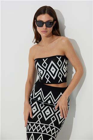 Black Ecru Geometric Pattern Bustier SS23CT4658Sİ
