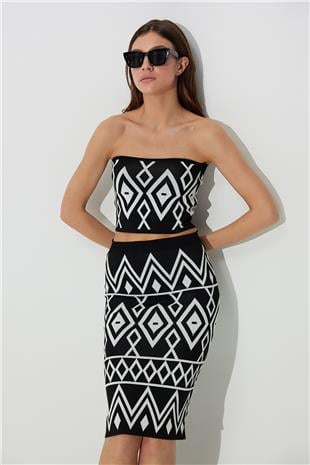 Black Ecru Geometric Pattern Bustier SS23CT4658Sİ